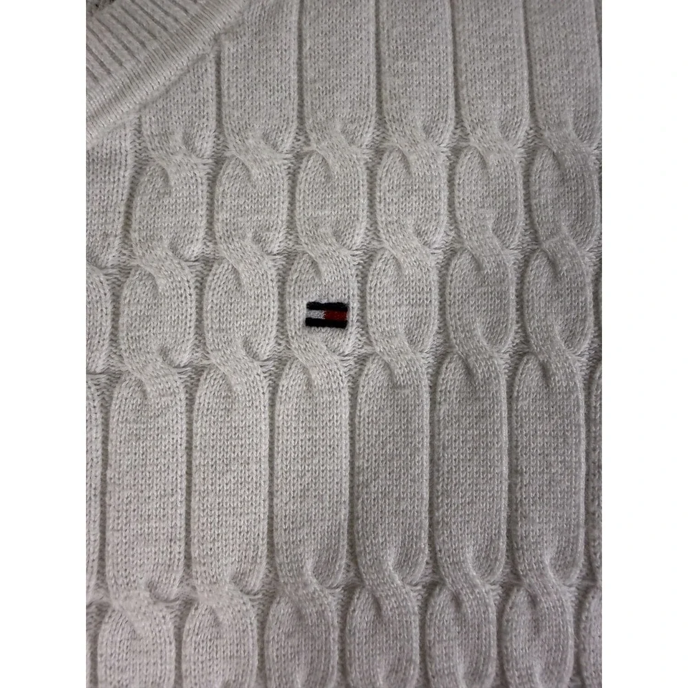 Tommy Hilfiger Sweater Womens XL White Logo Cable Knit Ribbed Hem Round Neck